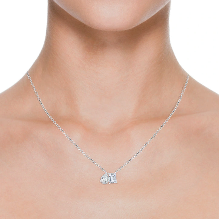 AGI Certified Lab-Grown Emerald-Cut & Pear Diamond Two-Stone Pendant in 14K White Gold – Choice of 1ctw or 2ctw